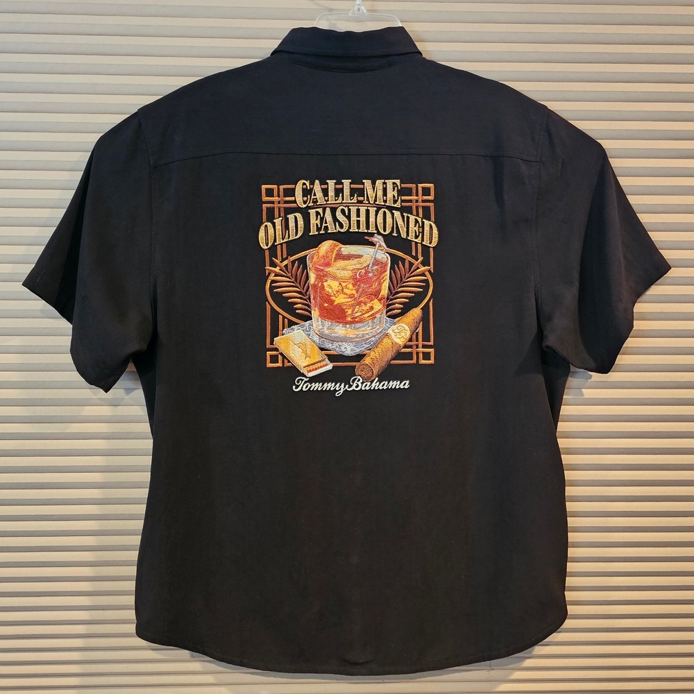 Tommy Bahama Mens Large Black Silk Call Me Old Fashioned Cigar Shirt Embroidered